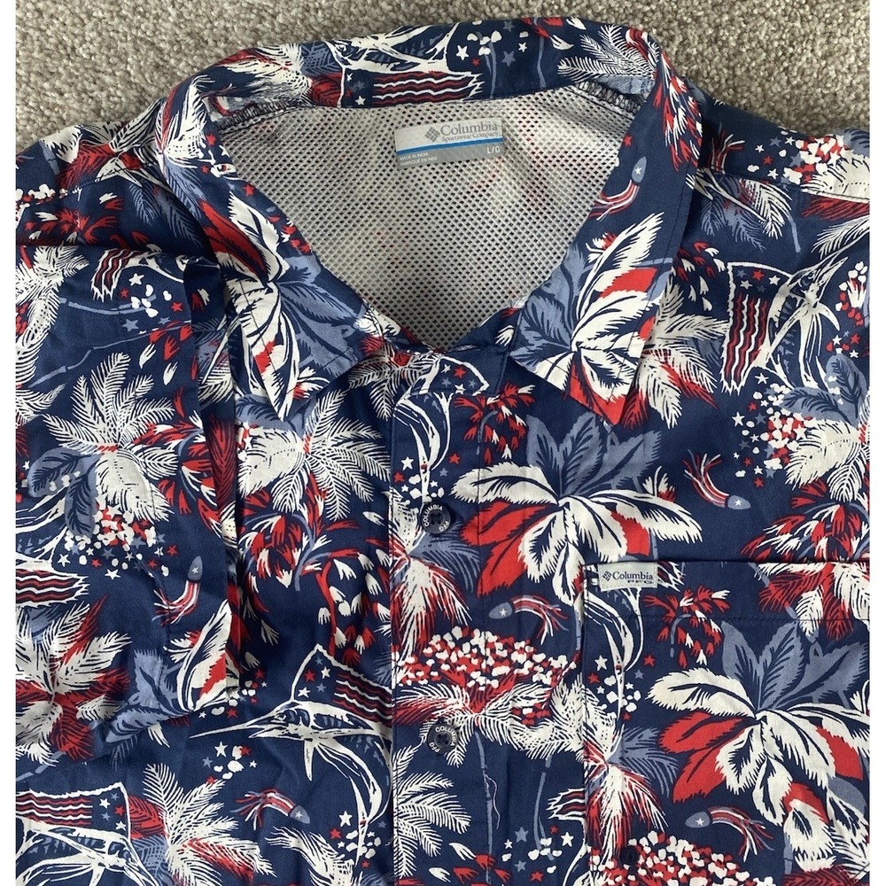 Columbia PFG Omnishade American Flag Big Fish & Fireworks Print Shirt Mens L 4th